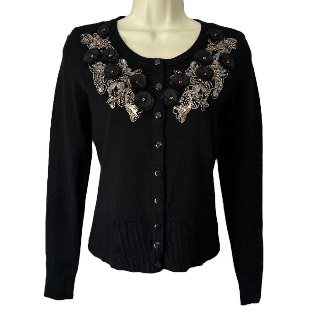 White House Black Market Cardigan Sweater Embellished Sequin Beaded Black XS